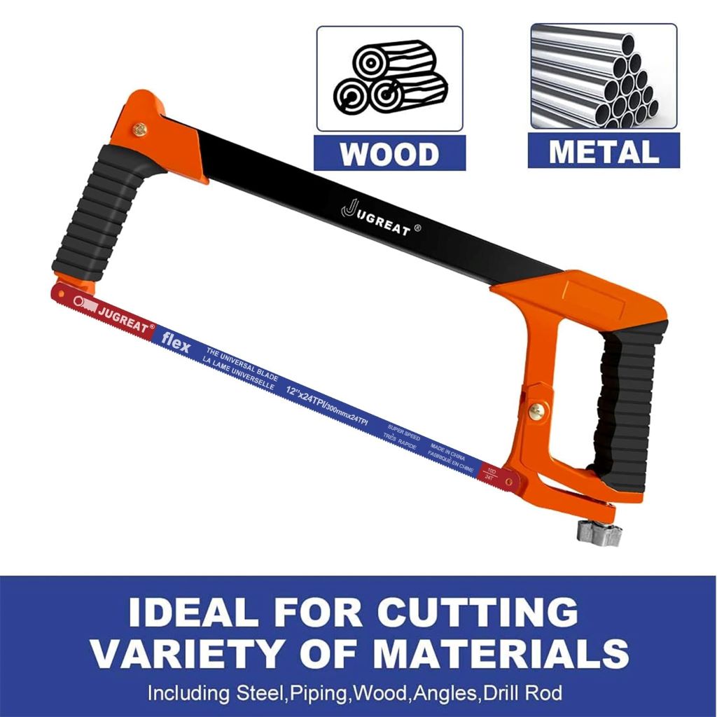Close-up of JUGREAT 12" 24 TPI hacksaw blade highlighting carbon steel strength.