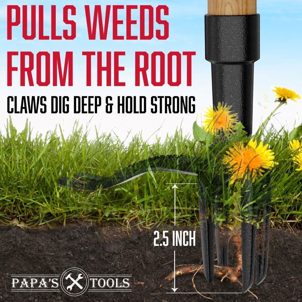 Ergonomic stand-up weeder tool efficiently removing garden weeds without bending or tugging