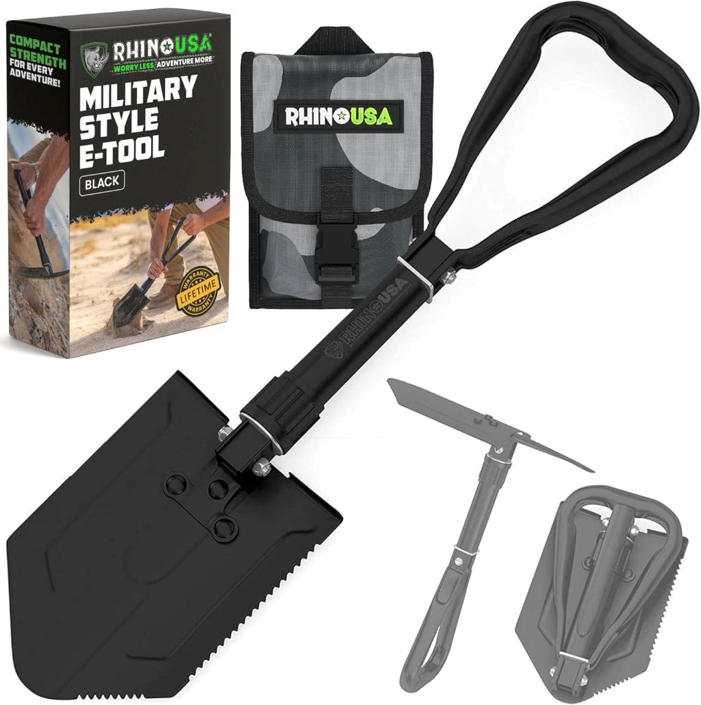RHINO USA heavy-duty folding survival shovel for camping, off-road, and outdoor use