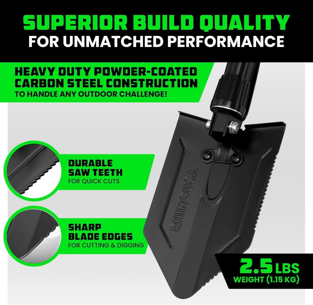 Portable carbon steel survival shovel with pick for digging dirt, sand, mud, and snow