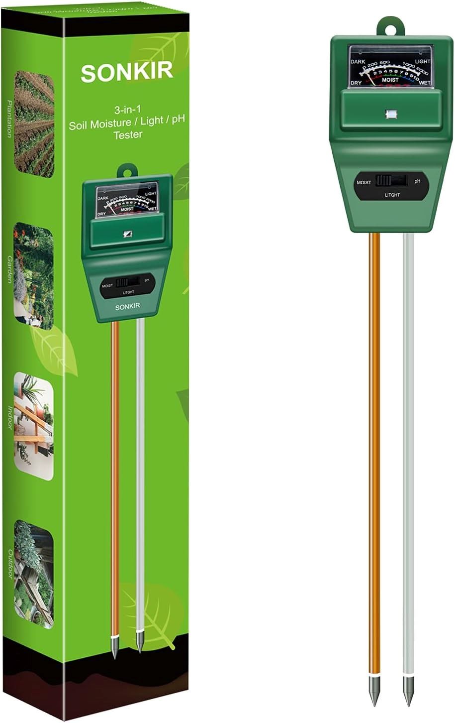 SONKIR 3-in-1 soil tester measuring moisture, light, and pH for healthy plants
