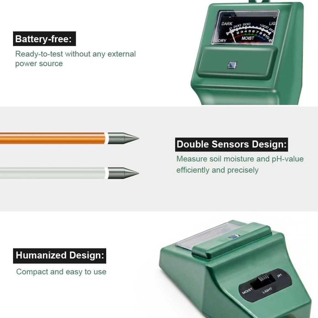 Gardening tool kit with soil moisture, light, and pH tester for indoor and outdoor plants