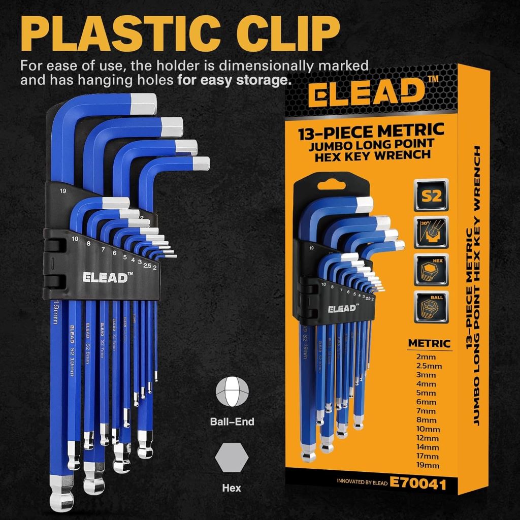 Professional-grade ELEAD metric hex wrench set, 2-19mm, perfect for mechanics and furniture assembly.