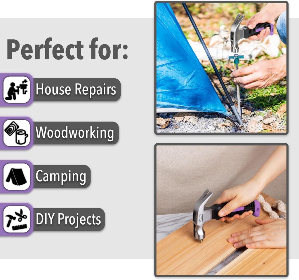Small purple magnetic hammer with claw, ideal for women’s camping and DIY projects