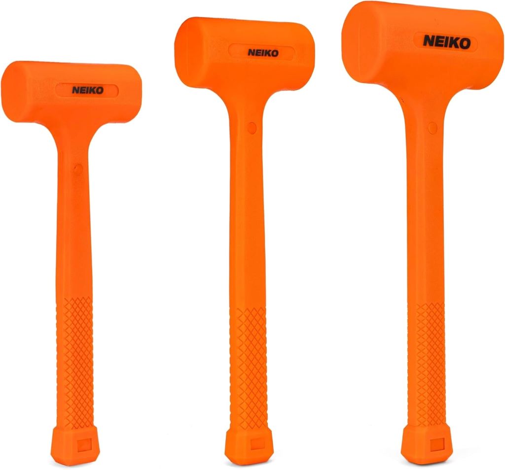 NEIKO 02888A 3-piece dead blow hammer set with neon orange mallets for professional use.