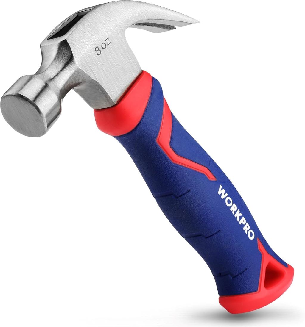 Close-up of WORKPRO 8oz fiberglass claw hammer with ergonomic grip and steel head