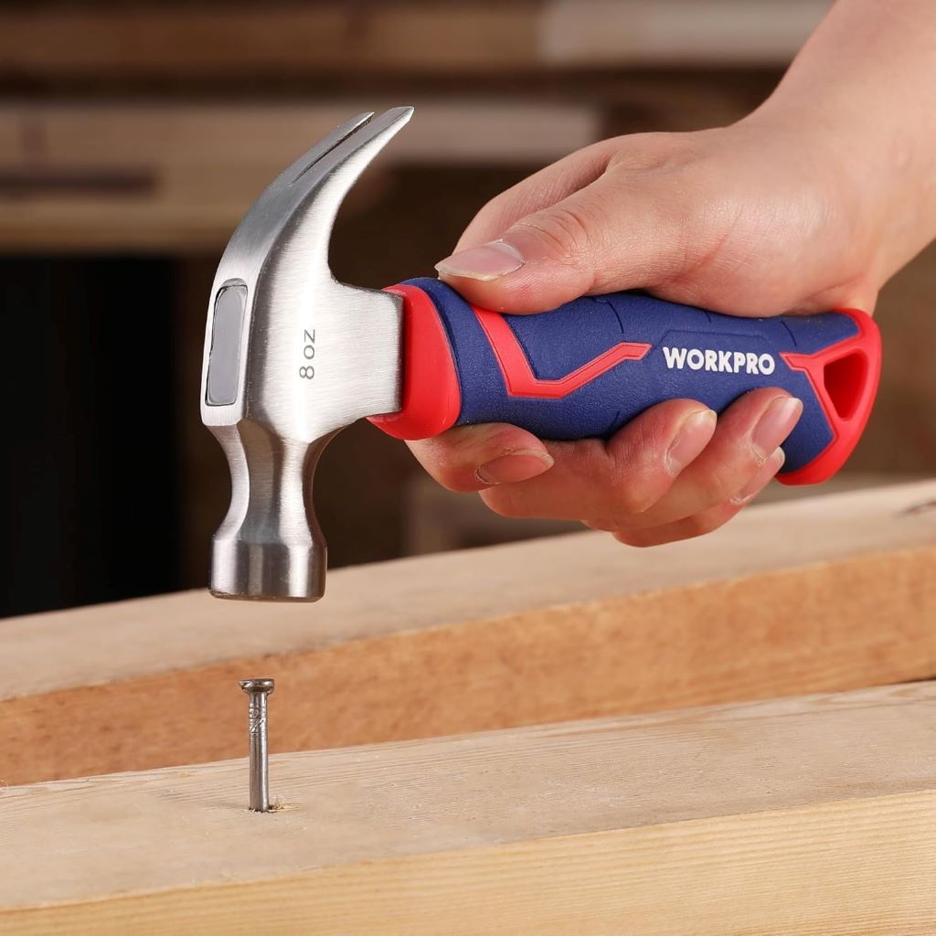 Side view of durable WORKPRO 8oz hammer showcasing fiberglass handle and curved claw