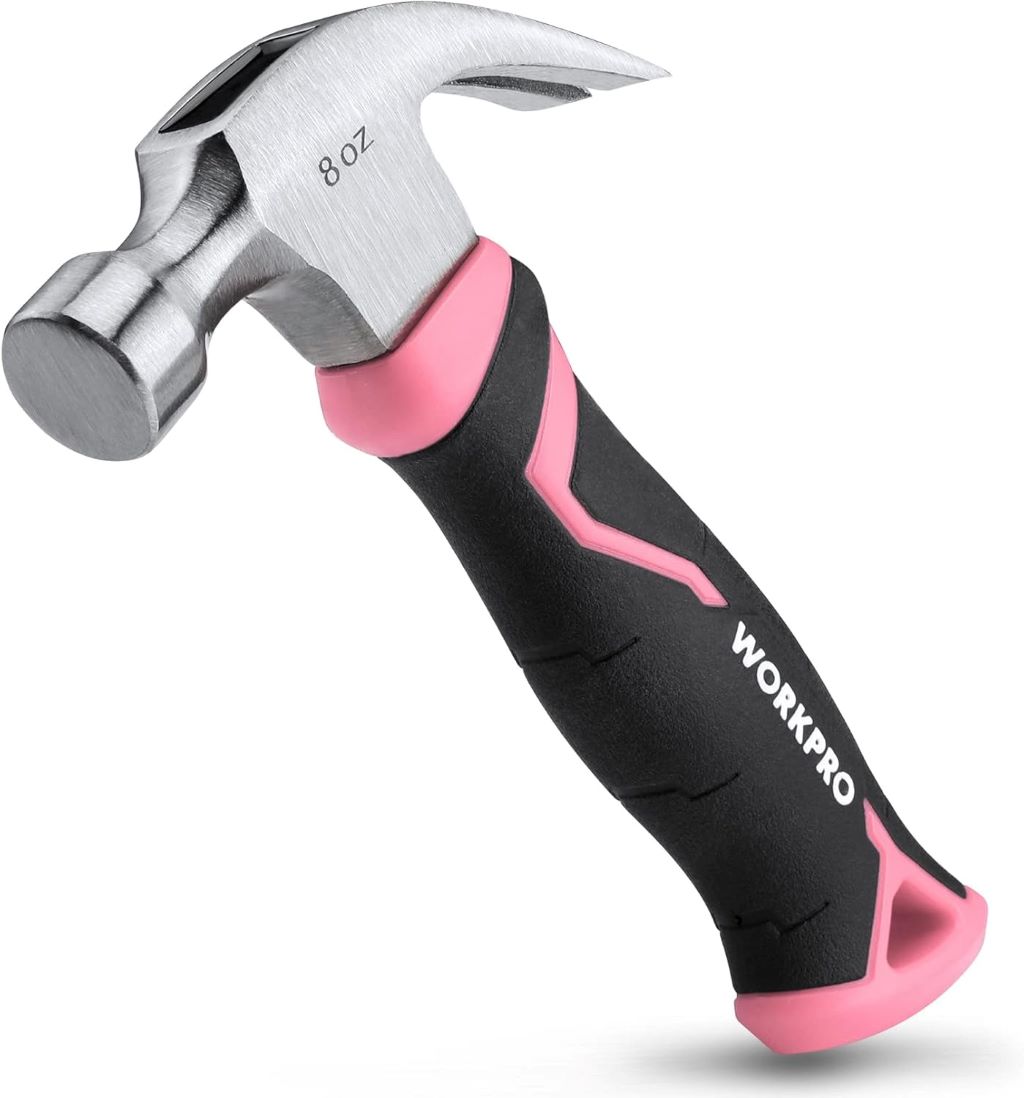 WORKPRO 8oz pink claw hammer with fiberglass handle and curved claw for easy nail removal