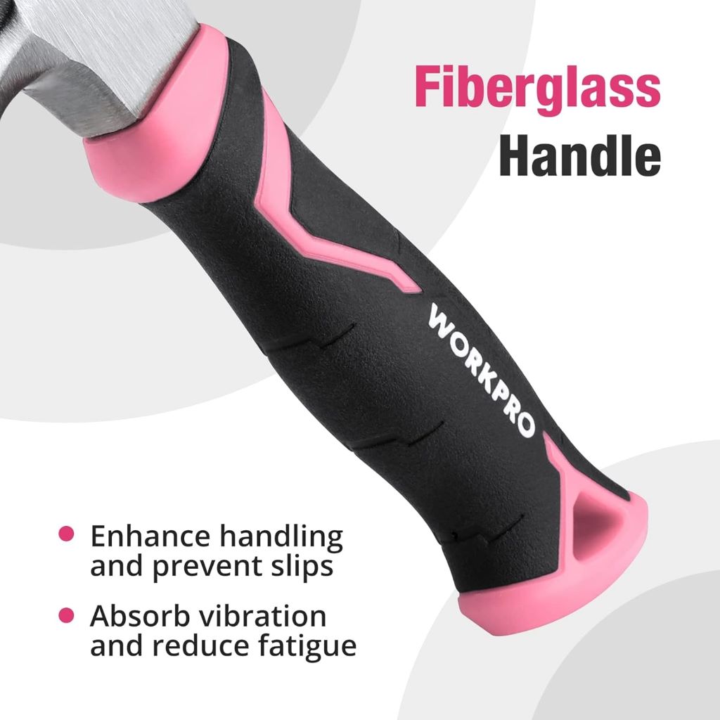 Close-up of durable WORKPRO pink claw hammer featuring ergonomic grip and compact design