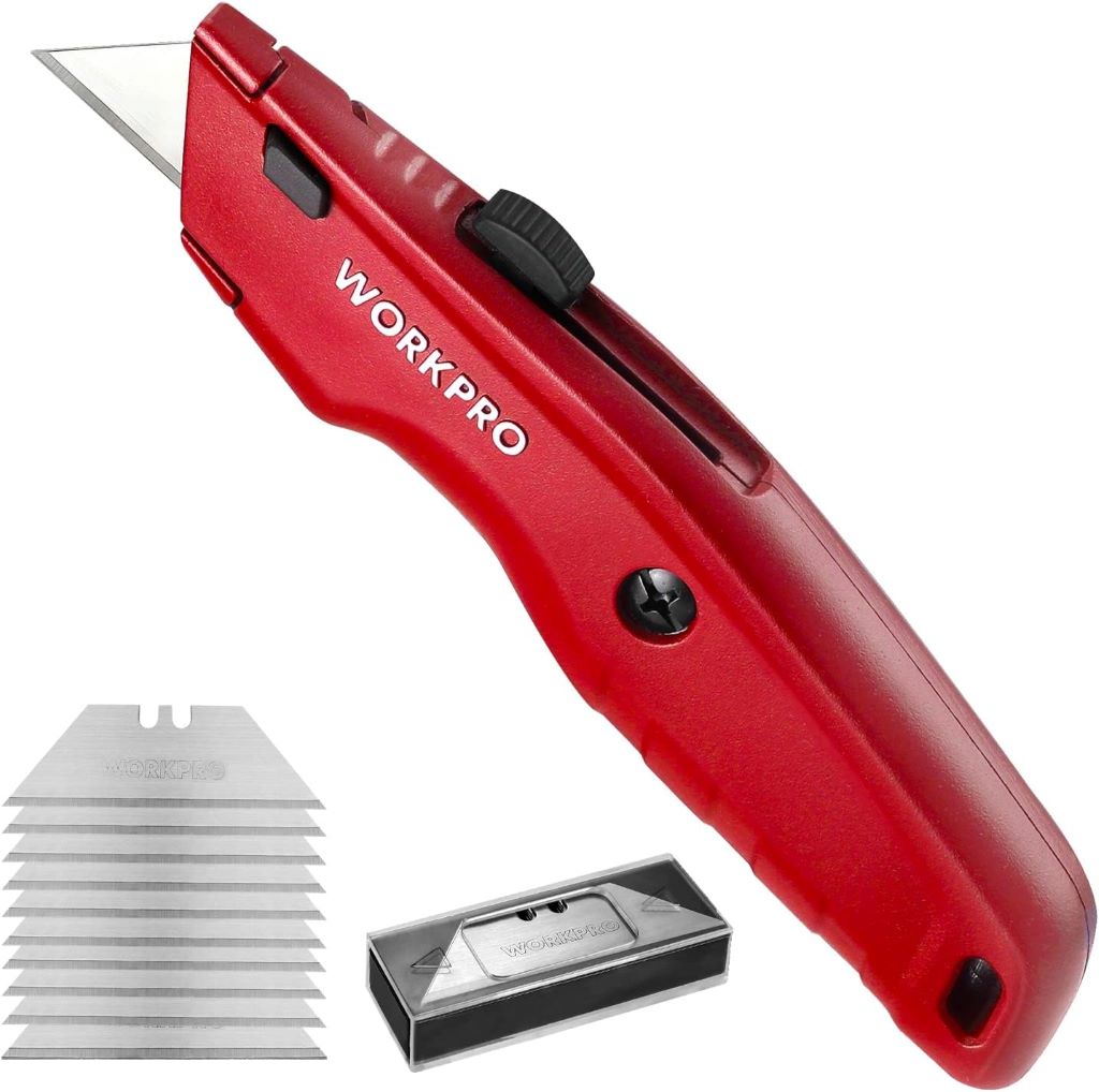 WORKPRO retractable utility knife with extra blades for heavy-duty cutting tasks.