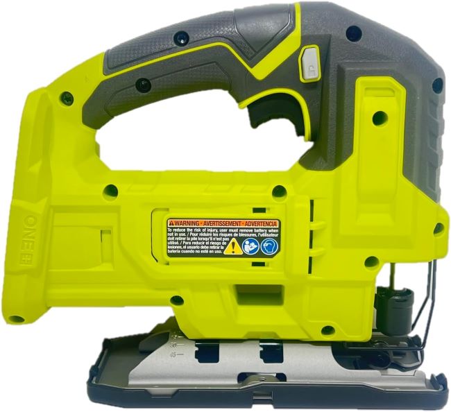 RYOBI ONE+ cordless jig saw positioned upright, highlighting its lightweight build.