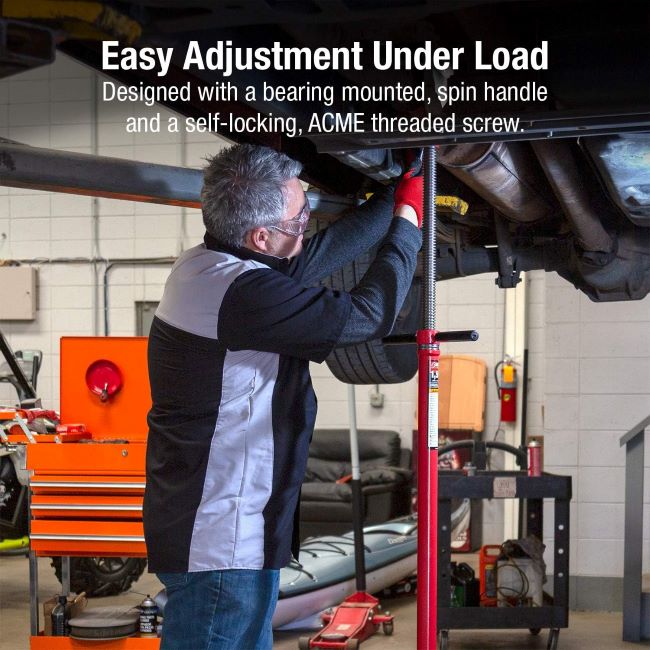 Durable Sunex 6809A support stand for vehicles, 12-inch base, bearing-mounted spin handle.