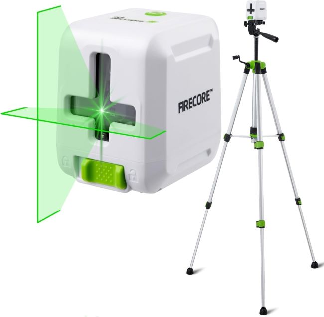 Firecore green self-leveling laser level on a 50-inch tripod for home DIY projects.