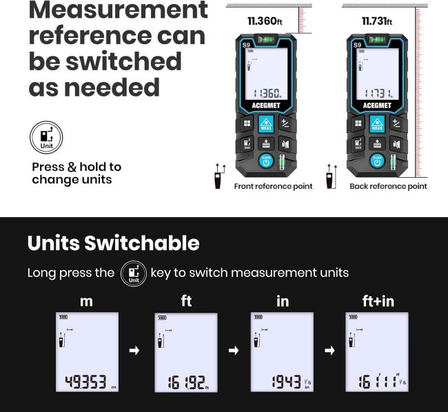 ACEGMET S9 laser distance measuring tool showing 229ft measurement range