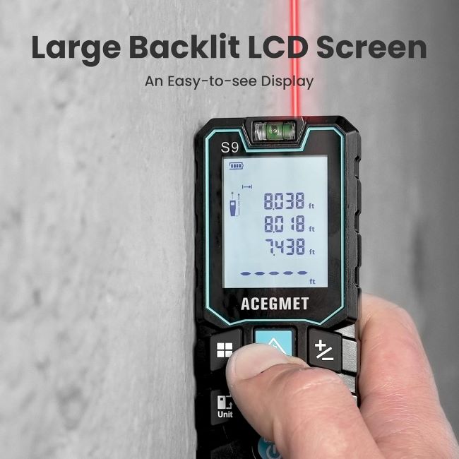 ACEGMET laser measure review highlighting Pythagorean mode and IP54 waterproof design