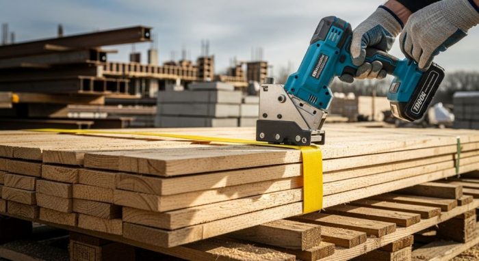 Battery-powered cordless strapping tool tensioning polyester bands around lumber bundle at construction site