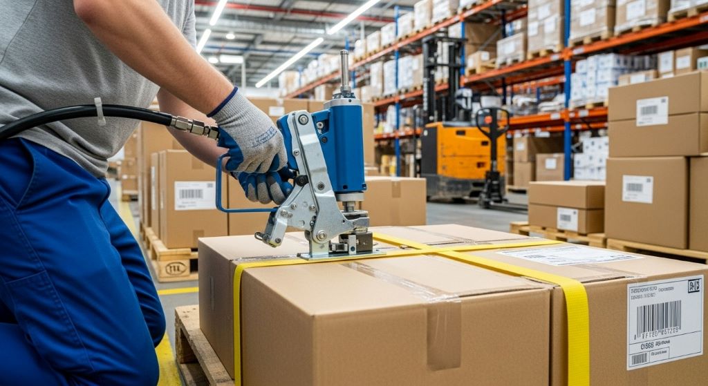 Worker using pneumatic banding tool to secure strapping around palletized boxes in warehouse shipping department