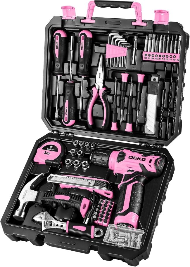 DEKOPRO 8V pink cordless drill with 126-piece home tool kit for women