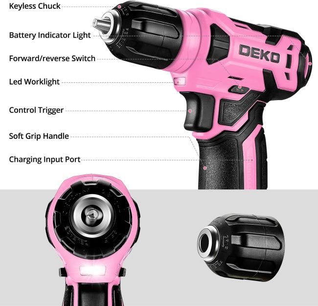 126-piece DEKOPRO drill and hand tool set in pink for DIY home projects