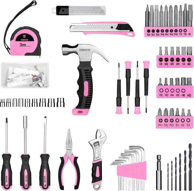 Women's DEKOPRO pink cordless drill kit with 8V power and 126 tools