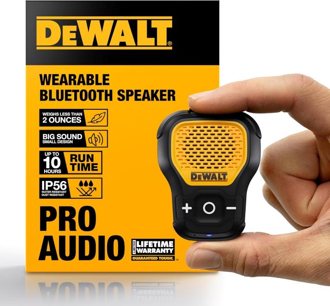 DEWALT wearable Bluetooth speaker in yellow, water-resistant and clip-on for jobsite use