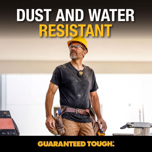 Non-magnetic, jobsite-ready DEWALT wireless speaker clipped to work gear