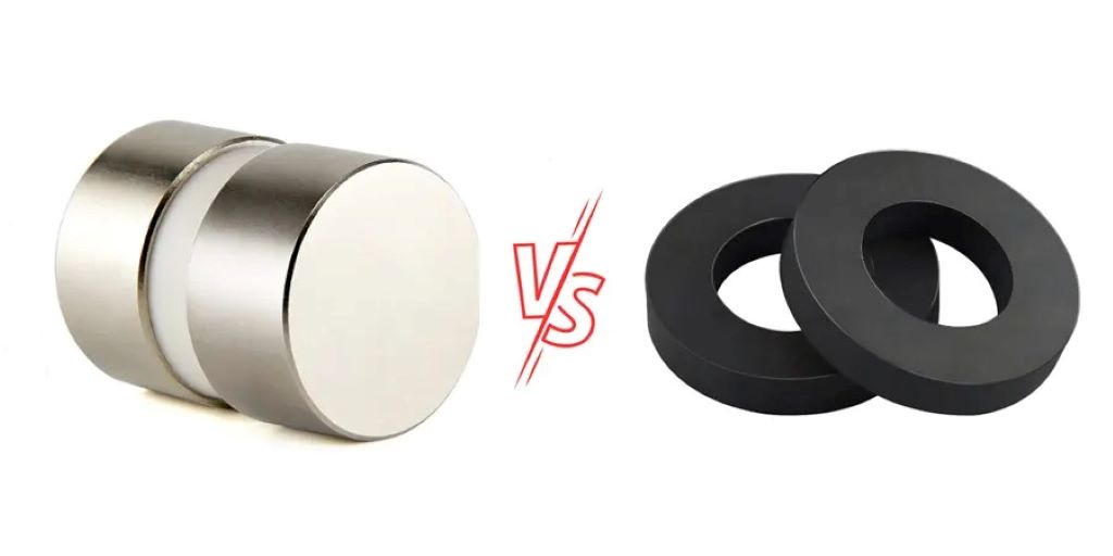 Close-up comparison showing neodymium and ferrite magnets holding wrenches and screwdrivers