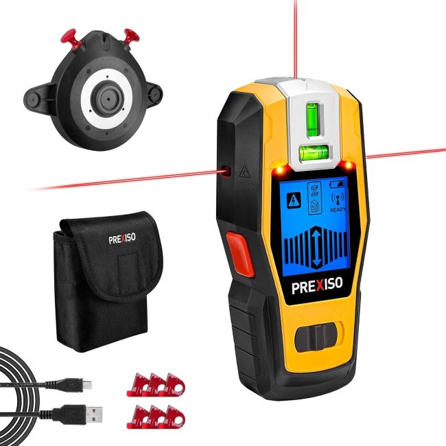 PREXISO 2-in-1 stud finder and laser level detecting wood and metal studs on a wall