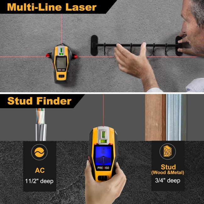 PREXISO cross line laser tool used for hanging frames and accurate stud detection