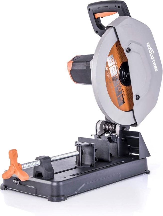 Evolution R355CPS 14-Inch Chop Saw cutting metal, wood, and plastic