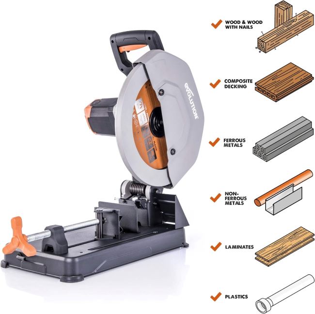 14-Inch Evolution R355CPS Chop Saw performing 45° miter cuts