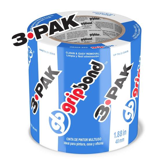GripBlue Blue Painters Tape 2 Inch Wide 3 Rolls Masking Tape