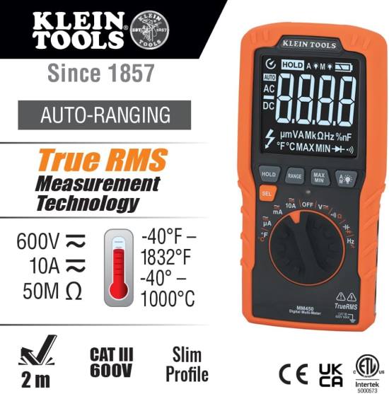 Klein Tools MM450 Slim Digital Multimeter Auto Ranging TRMS