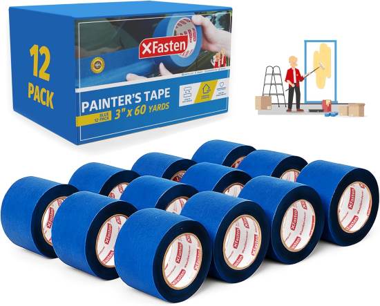 XFasten Blue Painters Tape Bulk 3 Inch x 60 Yards 12 Pack