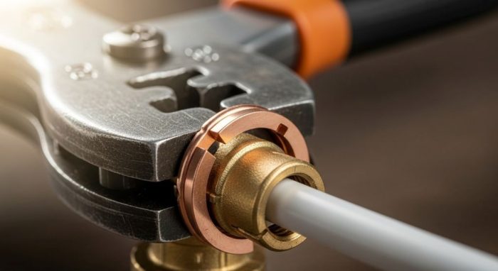 Close-up of a crimping tool jaw compressing a copper crimp ring onto a pipe fitting