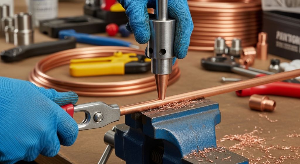 Person using a flaring tool to create a copper tube flare for HVAC installation