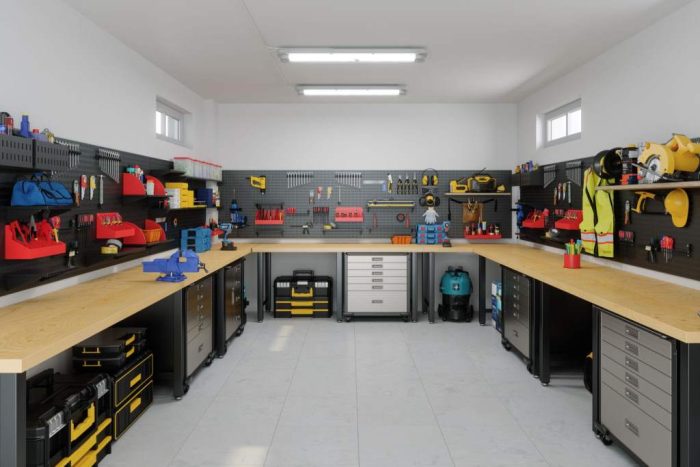 Empty Garage Interior With Tools, Working Equipments And Toolboxes
