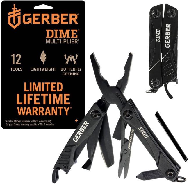 Gerber Gear Dime 12-in-1 mini multitool in black with pliers, pocket knife, keychain clip, and bottle opener