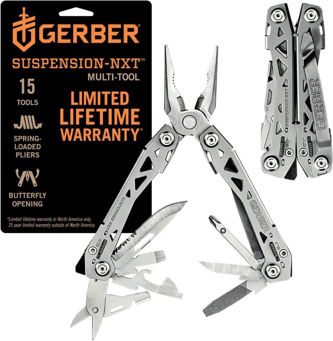 Gerber Gear Suspension-NXT 15-in-1 multitool in stainless steel with pliers, knife, and wire stripper for EDC use