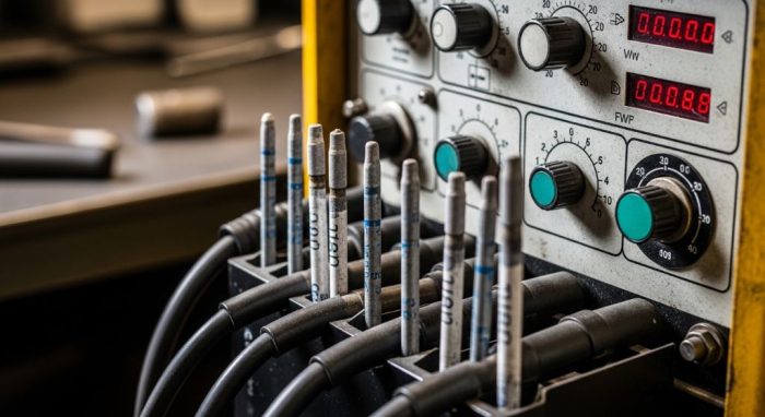 Close-up of arc welding electrodes and welding machine controls
