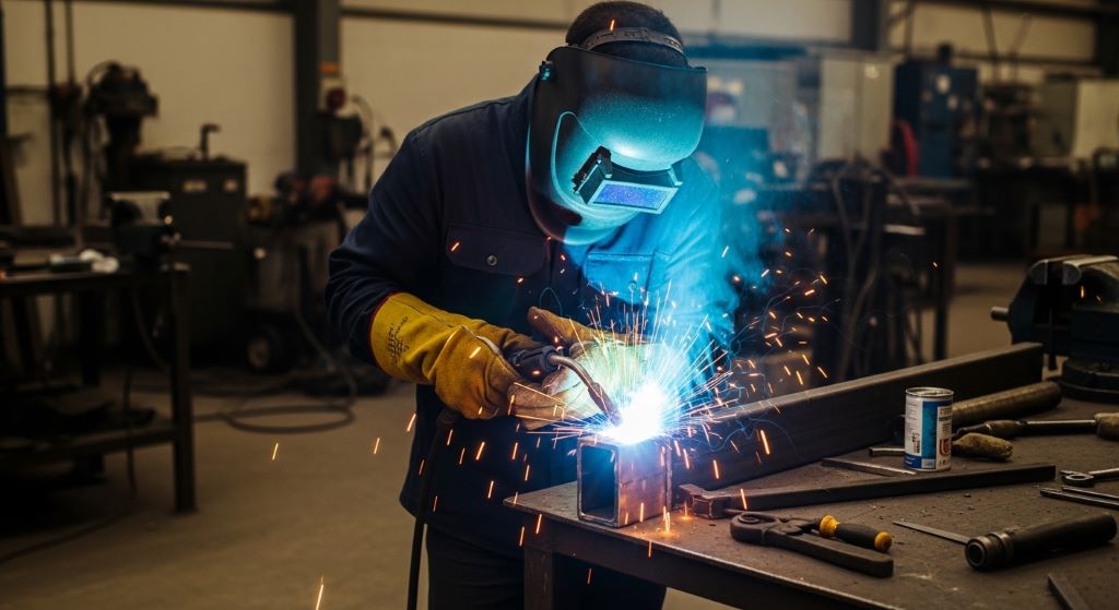 Welder using arc welding equipment on steel metal in a workshop