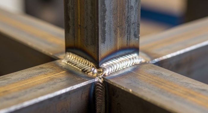Close-up of a clean flux-cored weld bead on a steel joint showing smooth, consistent weld penetration