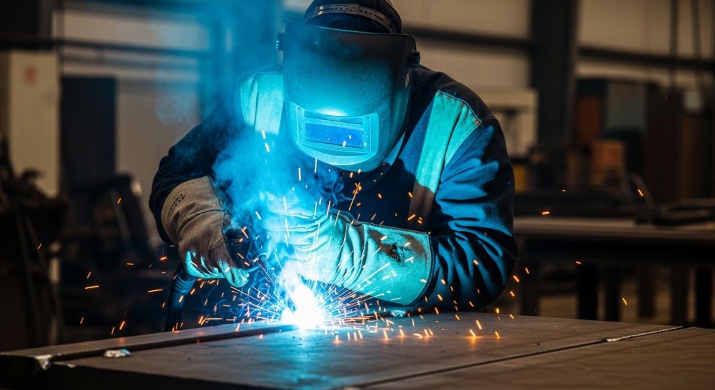 A welder in protective gear performing flux-cored arc welding on a thick steel plate with visible arc and sparks