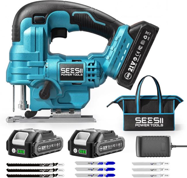 SEESII cordless jig saw with dual batteries, variable speed, LED light, and bevel cutting for wood and DIY tasks