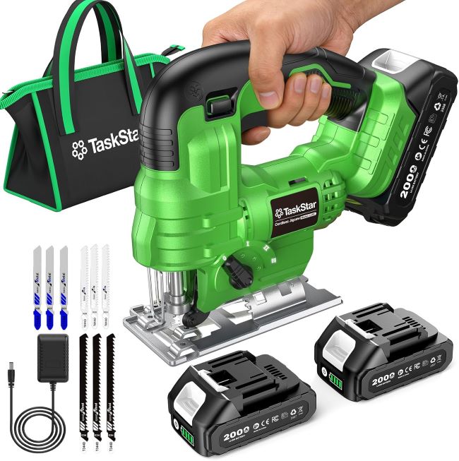 TaskStar cordless jig saw with dual batteries, LED light, and orbital settings for cutting wood, metal, and plastic materials