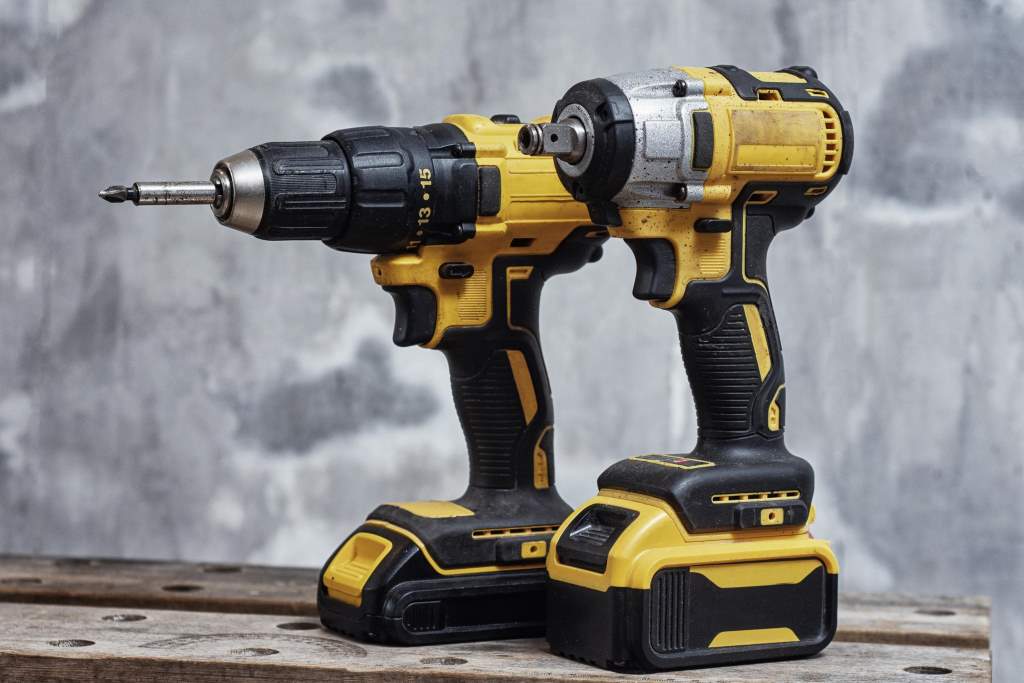 Two cordless power tools including drill and impact driver
