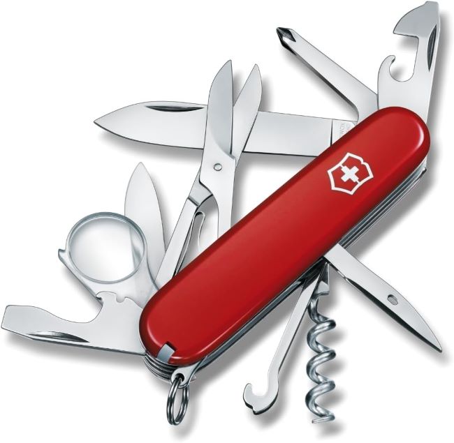 Victorinox Explorer Swiss Army knife in red with 16 functions, two blades, corkscrew, scissors, and screwdrivers