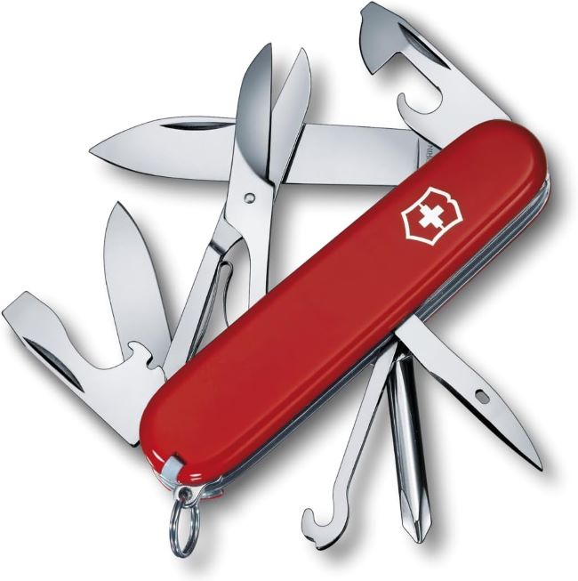 Victorinox Super Tinker Swiss Army knife in red with 14 functions, large blade, screwdrivers, and utility hook