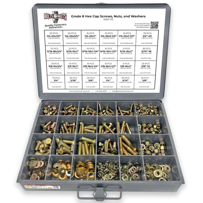 BoltsandNuts Grade 8 hex cap bolts kit with assorted screws, nuts, and washers for heavy-duty repair and construction work
