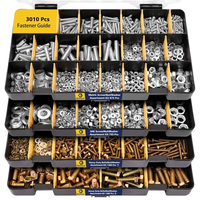 Bonost 3010-piece hardware assortment kit with metric and SAE bolts, nuts, and washers organized in multi-tray storage box